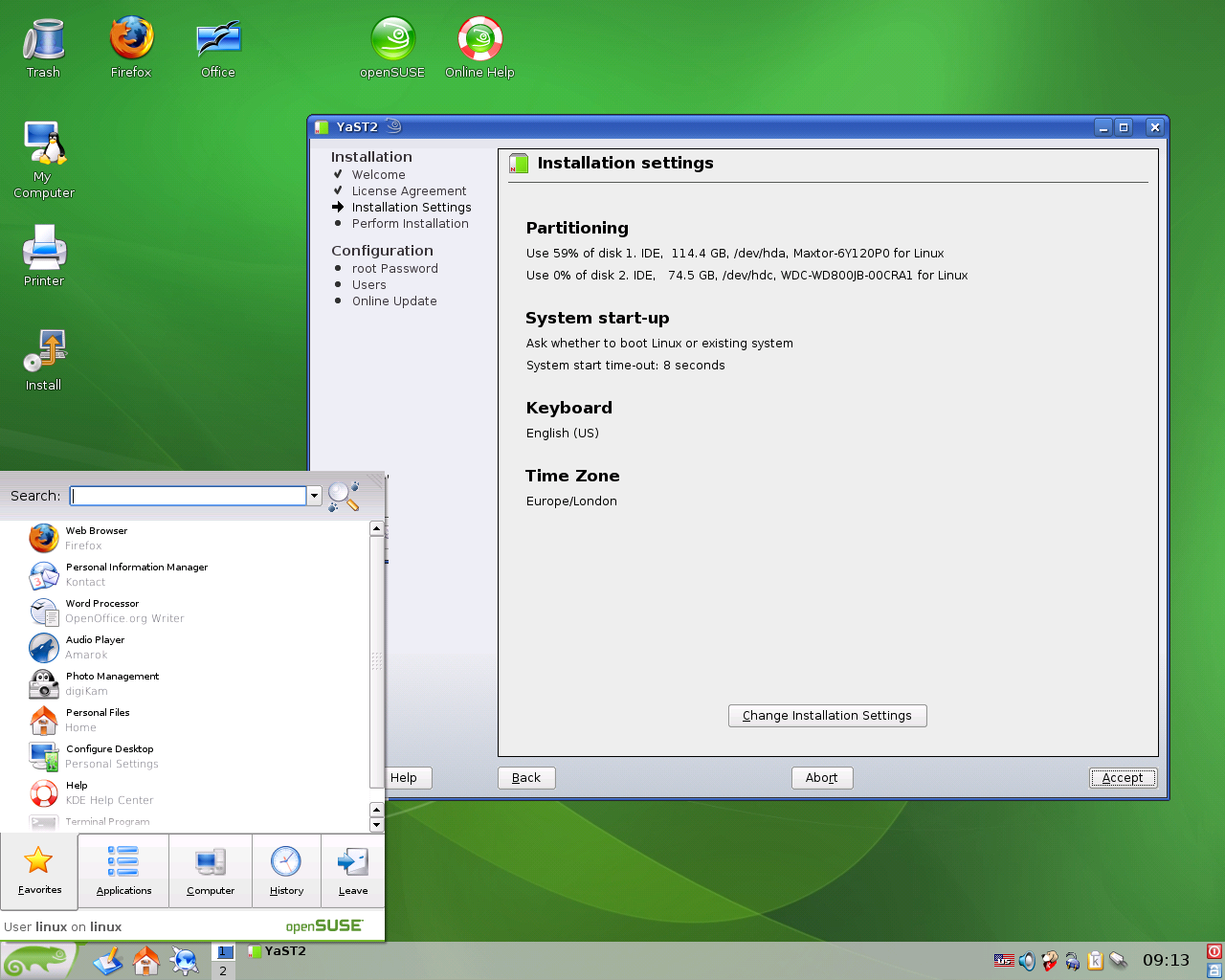 openSUSE desktop screenshot: 10.3 livecd