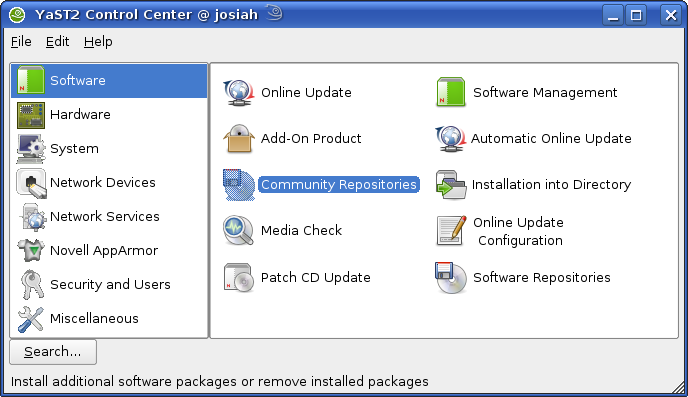 openSUSE desktop screenshot: 10.3 repositories