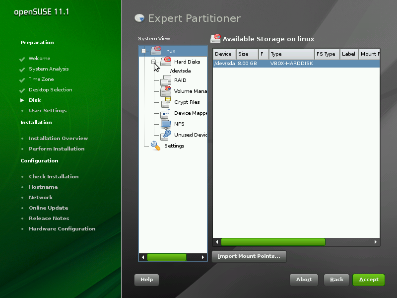 openSUSE desktop screenshot: 11.1 expert partitioner