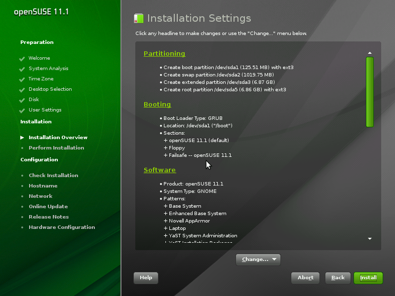 openSUSE desktop screenshot: 11.1 install summary