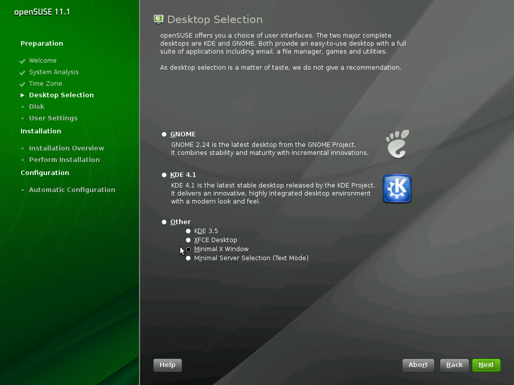 openSUSE desktop screenshot: 11.1 installer choose desktop