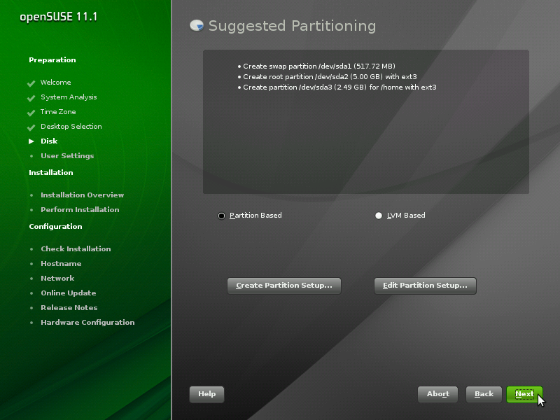 openSUSE desktop screenshot: 11.1 suggested partition