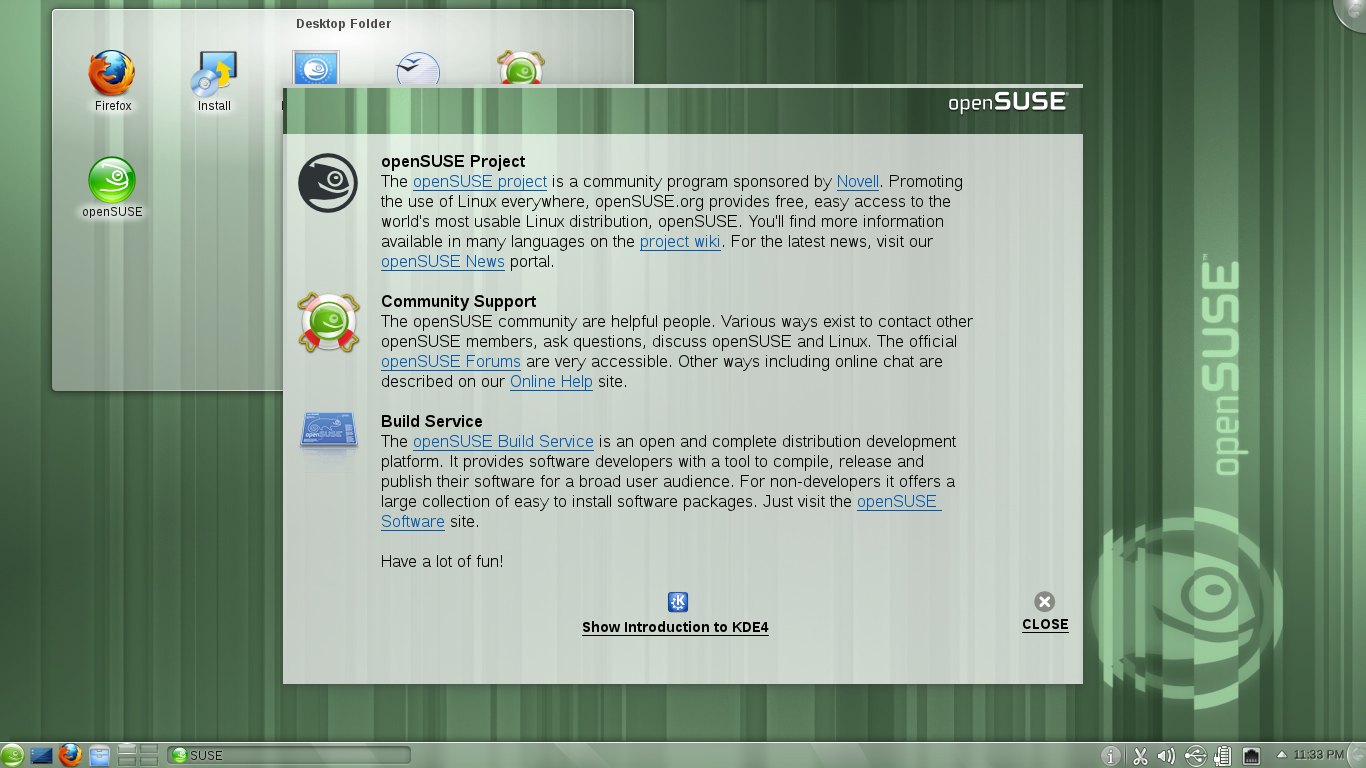 openSUSE desktop screenshot: 11.4 welcome