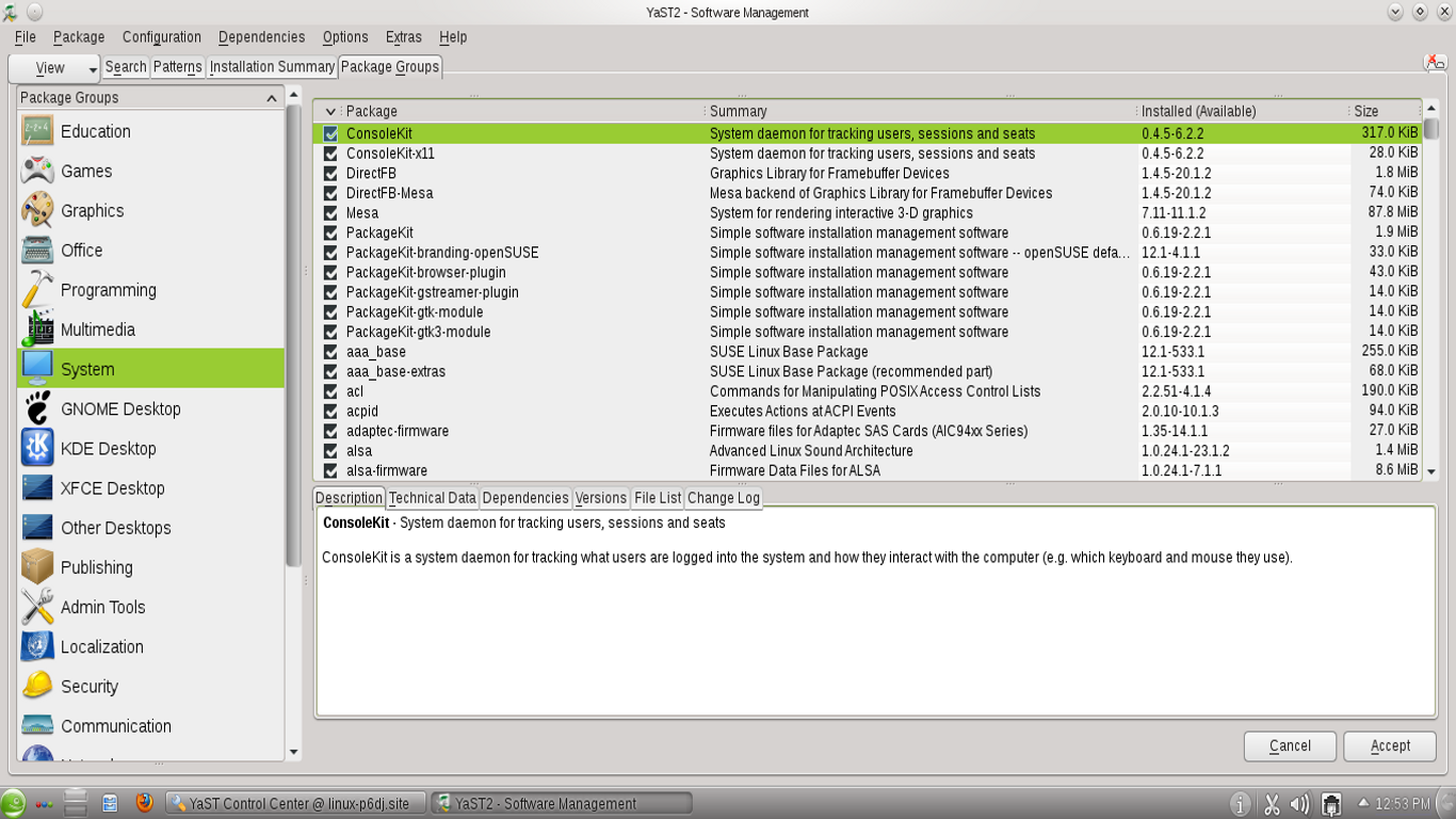 openSUSE desktop screenshot: 12.1 packages