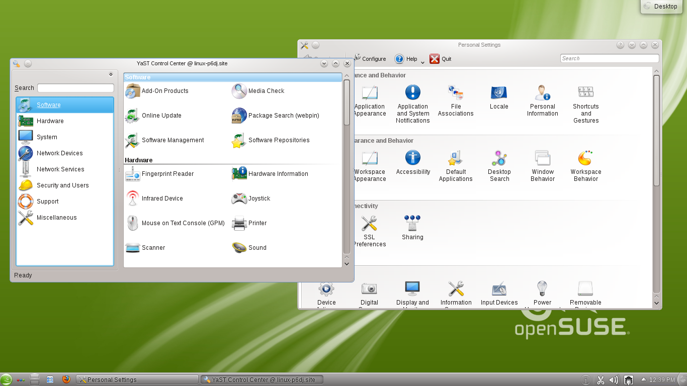 openSUSE desktop screenshot: 12.1 settings