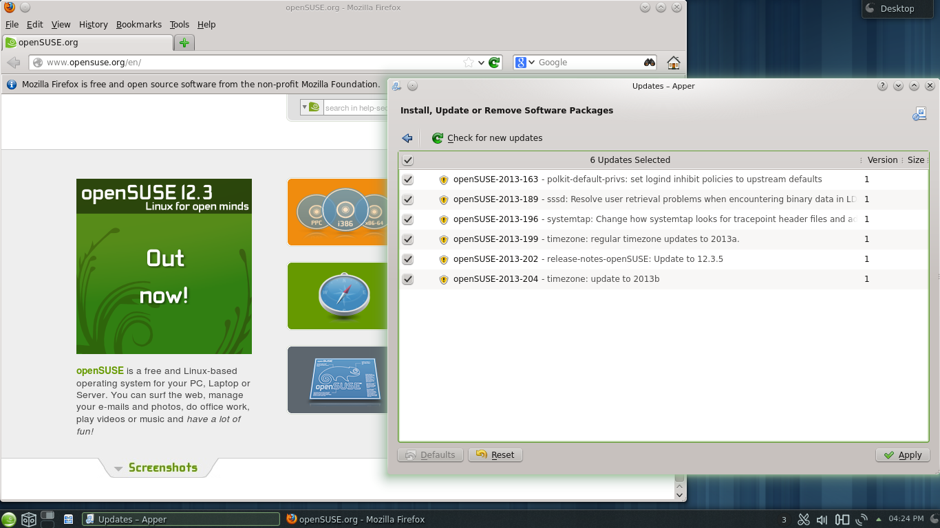 openSUSE desktop screenshot: 12.3 packages
