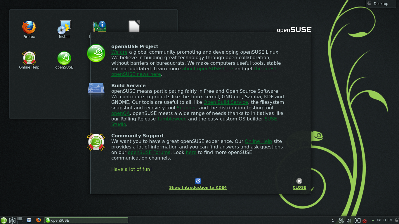 openSUSE desktop screenshot: 12.3 welcome