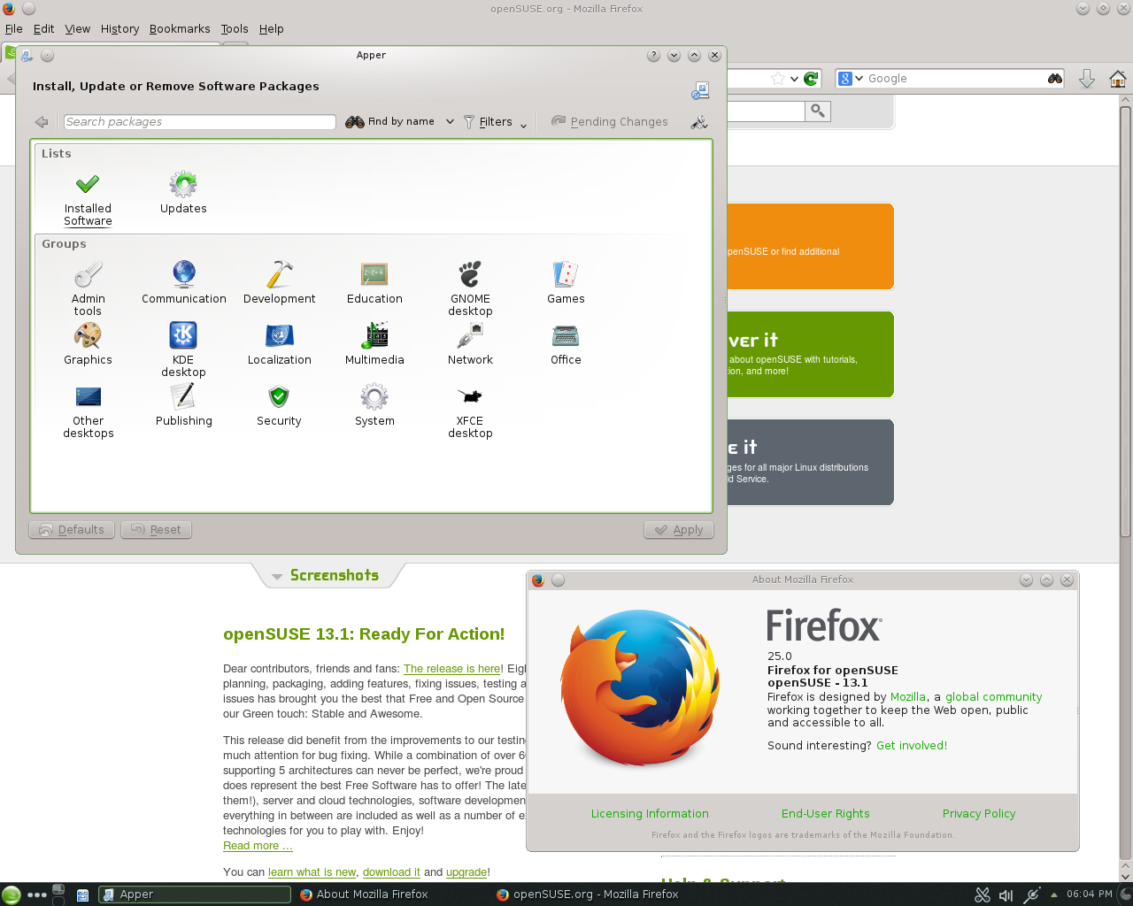 openSUSE desktop screenshot: 13.1 packages