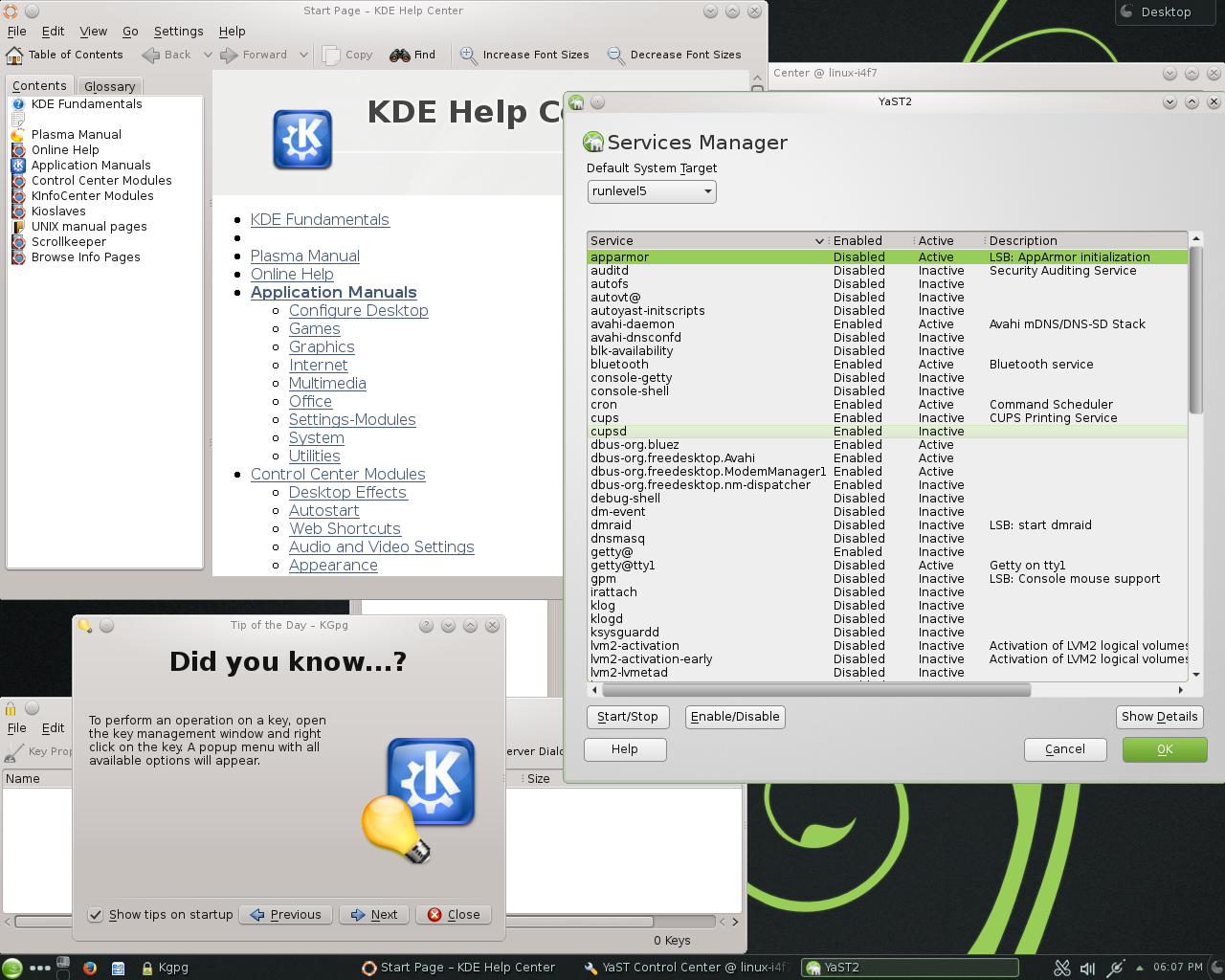 openSUSE desktop screenshot: 13.1 tools