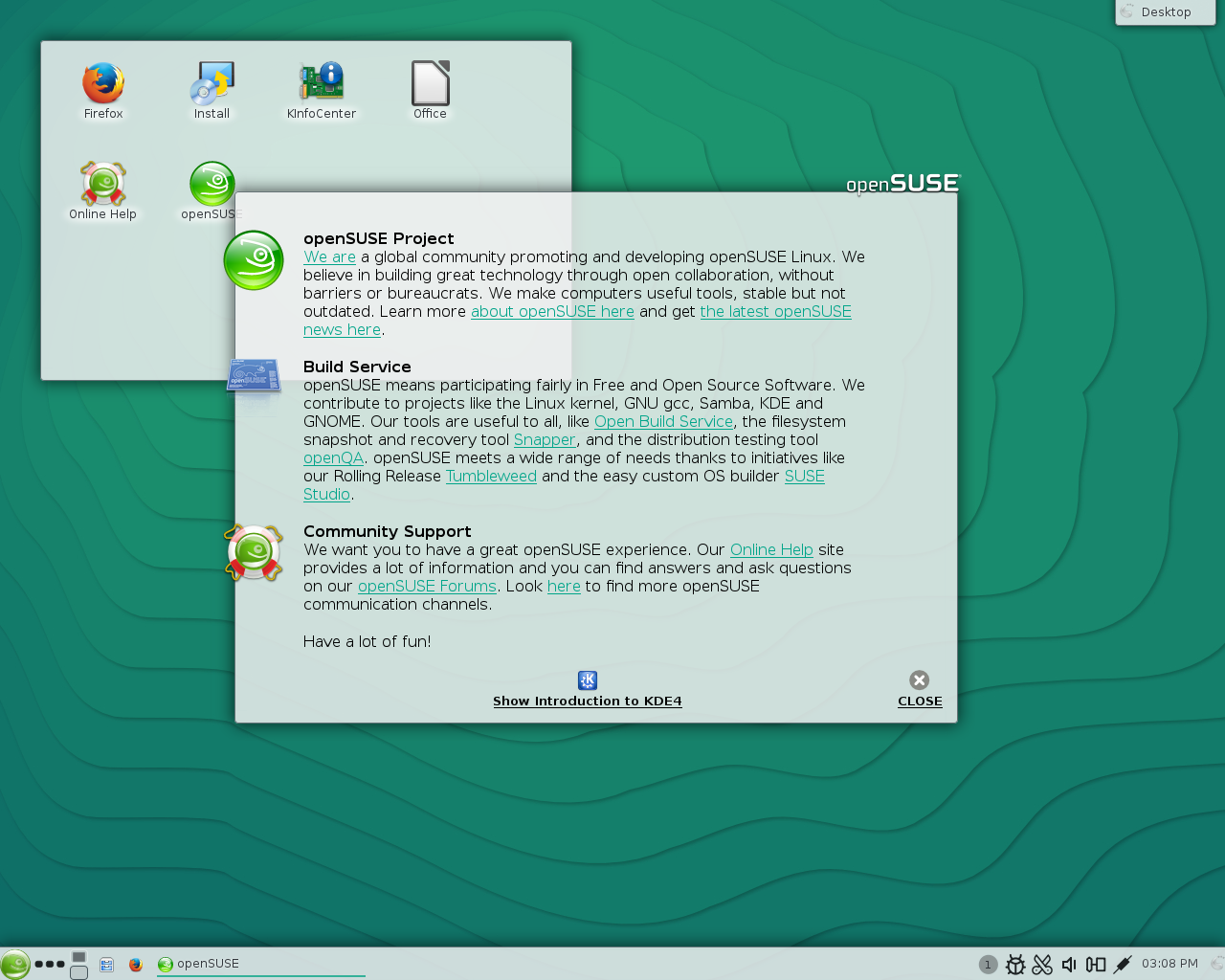 openSUSE desktop screenshot: 13.2 welcome