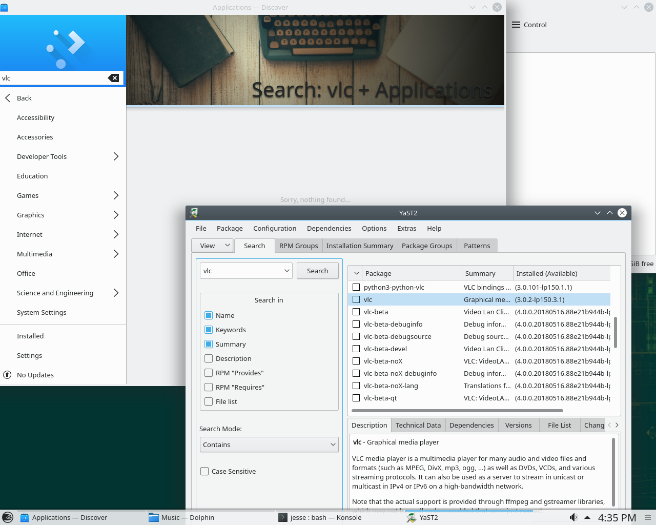 openSUSE desktop screenshot: 15 no vlc