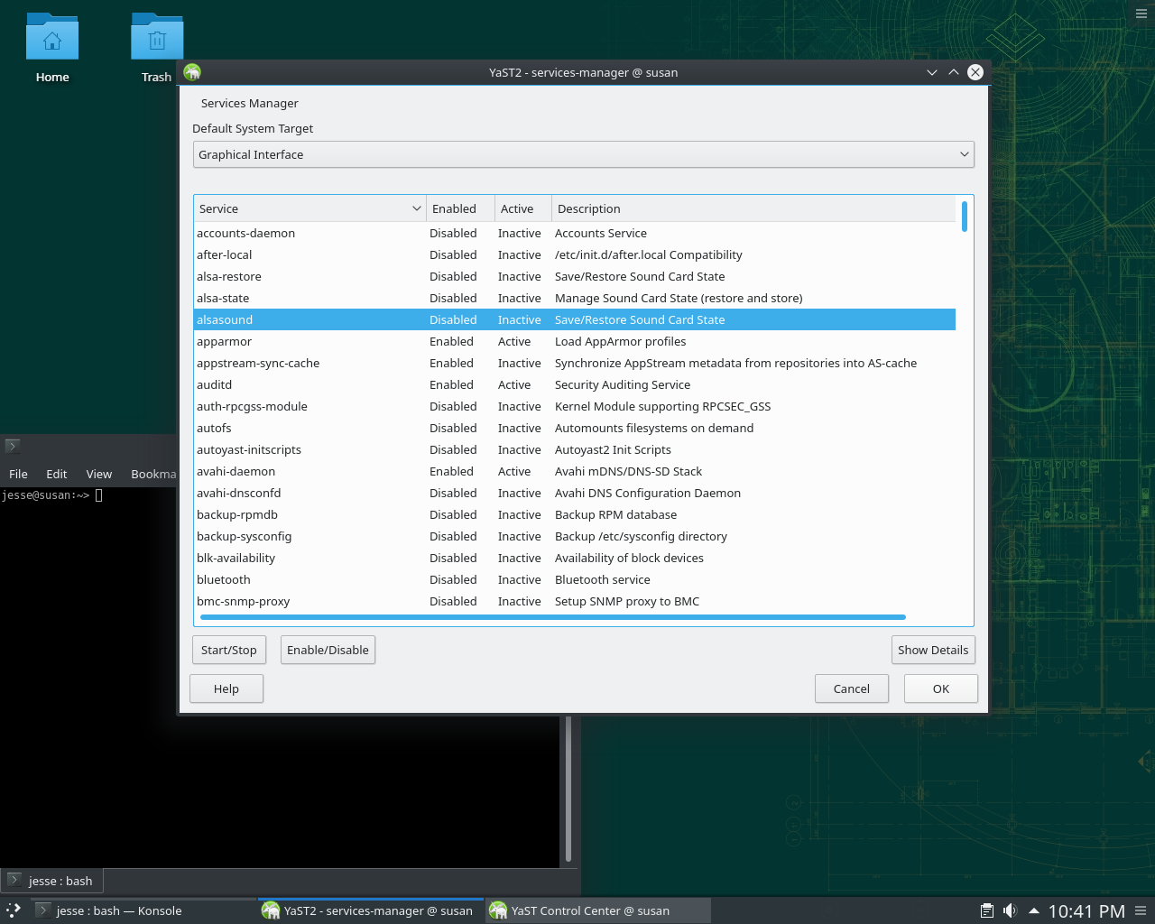 openSUSE desktop screenshot: 15 services