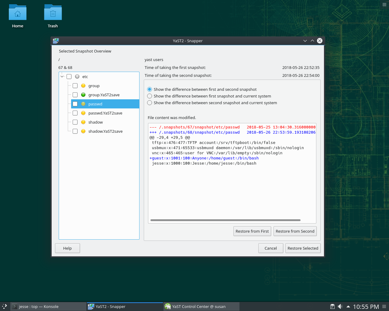 openSUSE desktop screenshot: 15 snapper