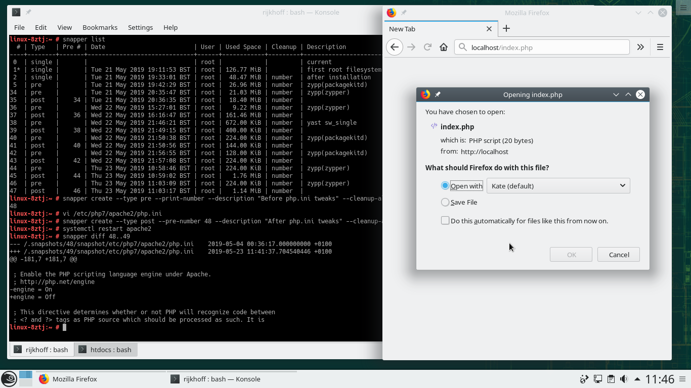 openSUSE desktop screenshot: 15.1 debugging apache config error