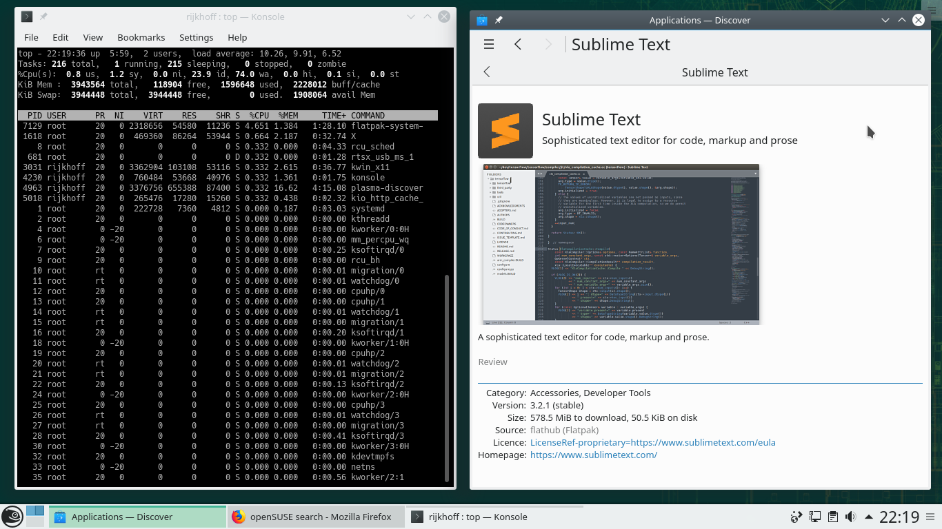 openSUSE desktop screenshot: 15.1 discover choking on flatpak