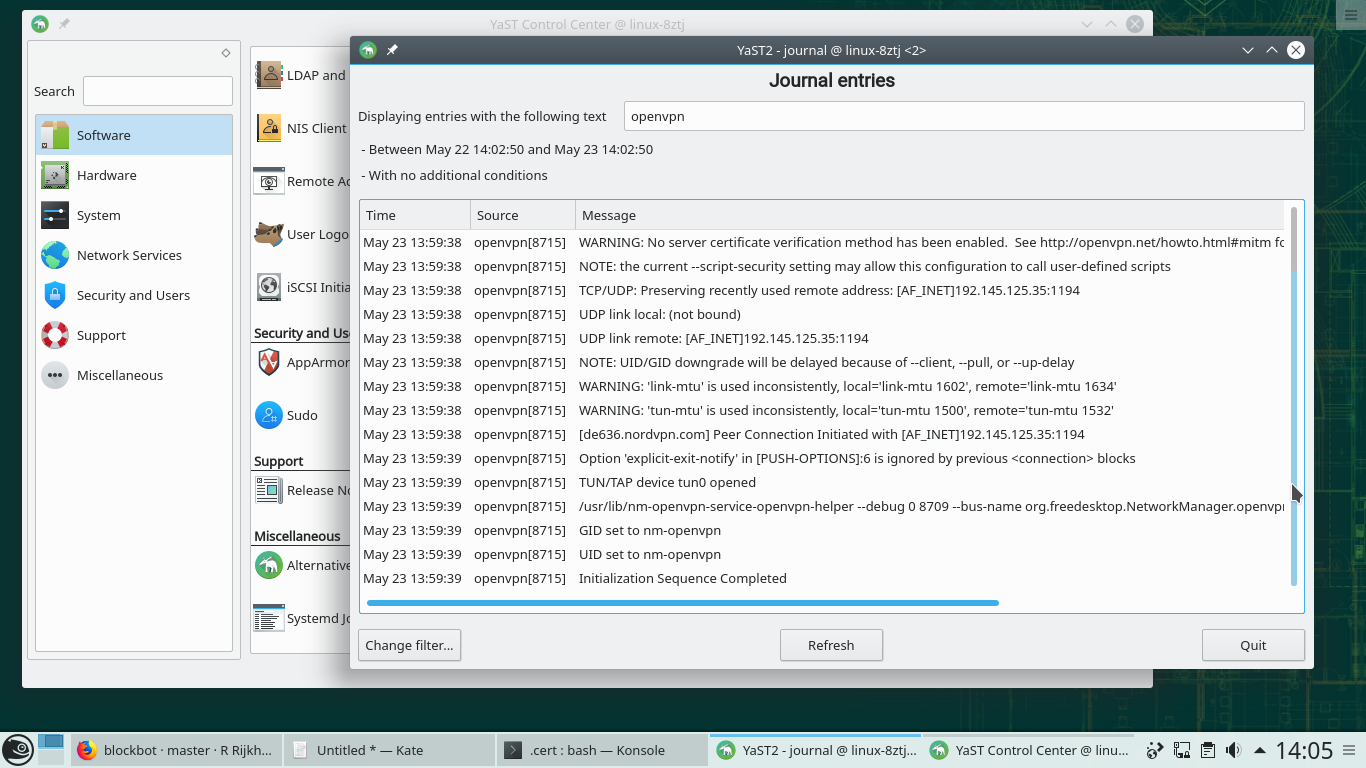 openSUSE desktop screenshot: 15.1 journalctl via yast