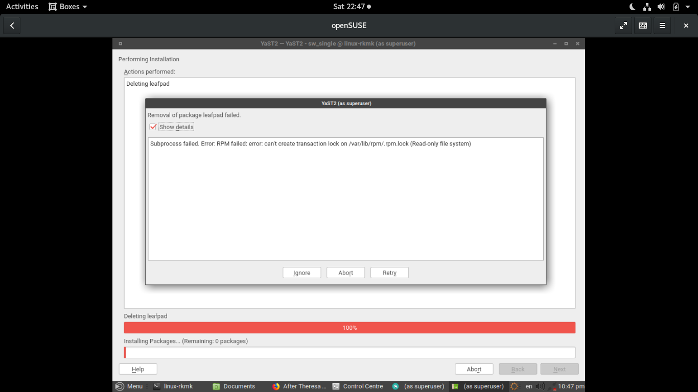 openSUSE desktop screenshot: 15.1 removing leafpad via yast