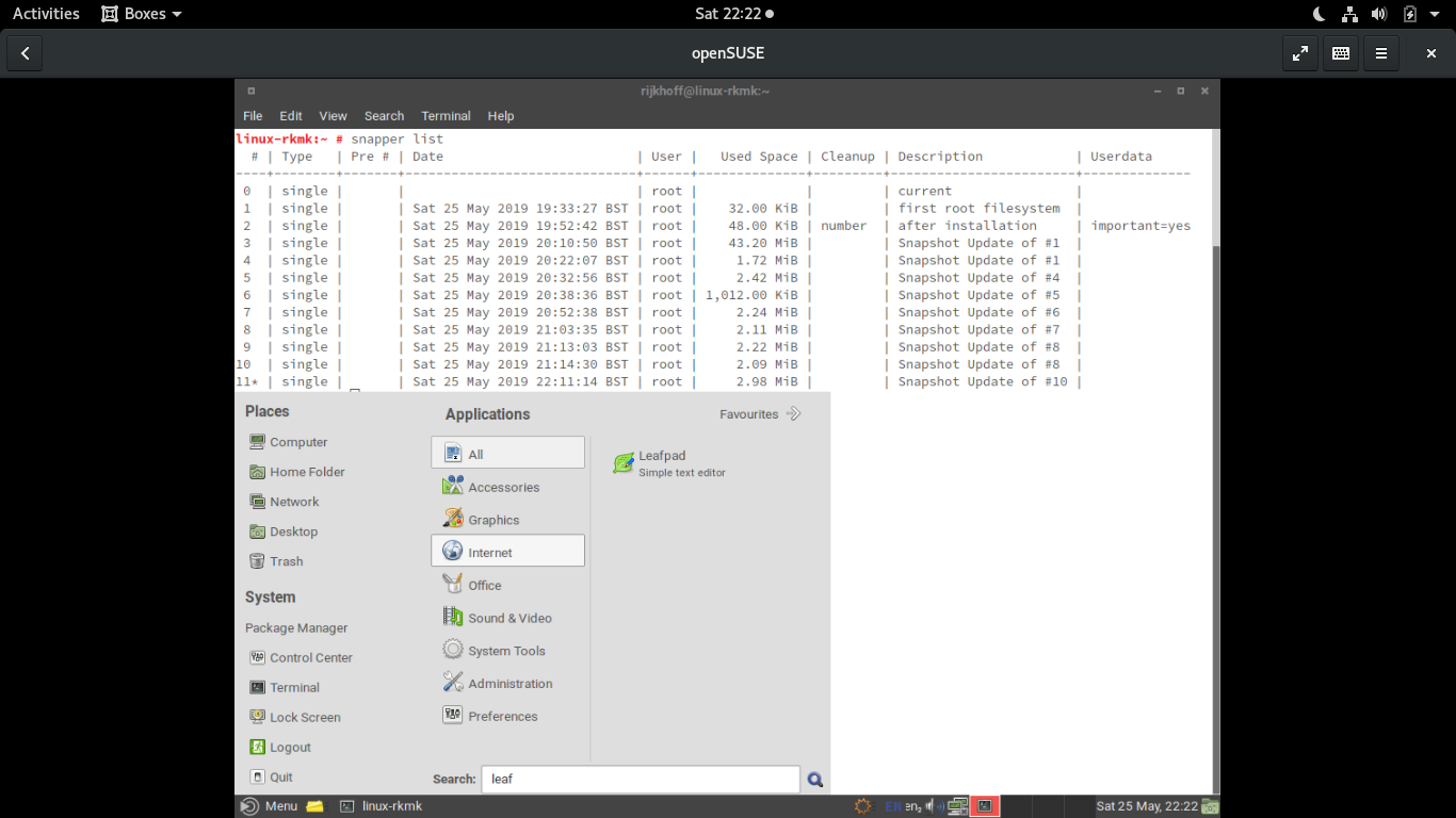 openSUSE desktop screenshot: 15.1 snapper list and leafpad