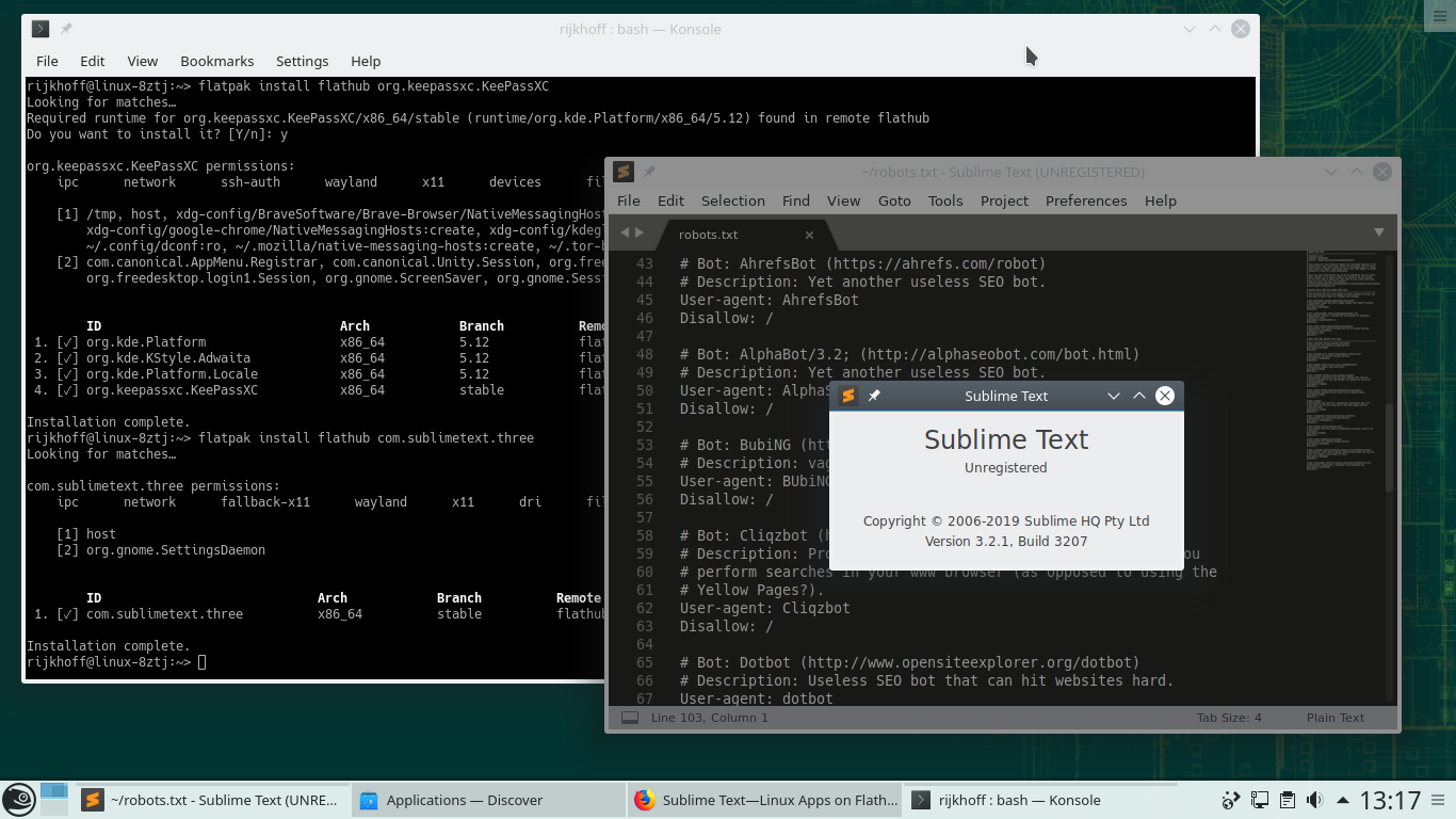 openSUSE desktop screenshot: 15.1 sublime flatpak