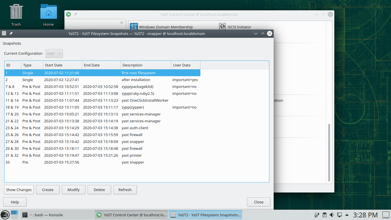 openSUSE desktop screenshot: 15.2 btrfs