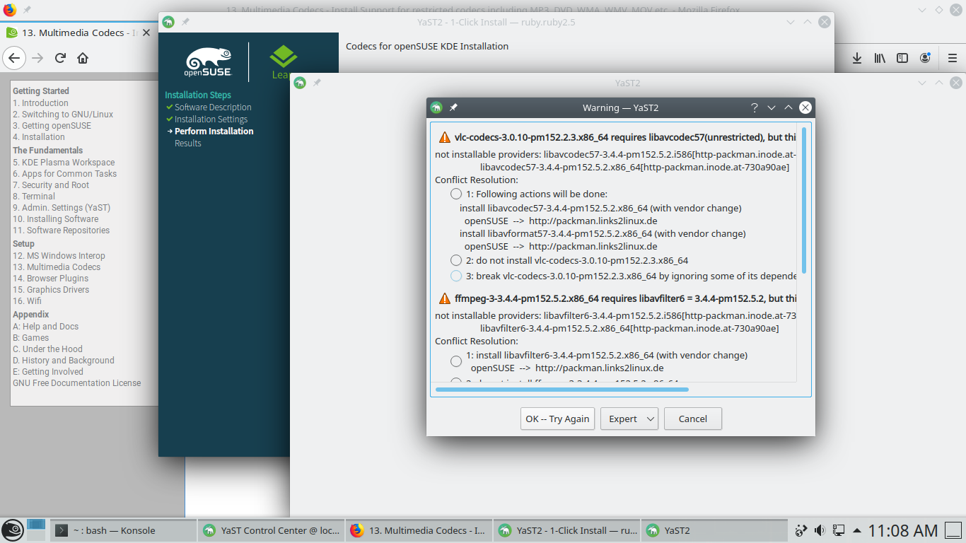 openSUSE desktop screenshot: 15.2 codecs