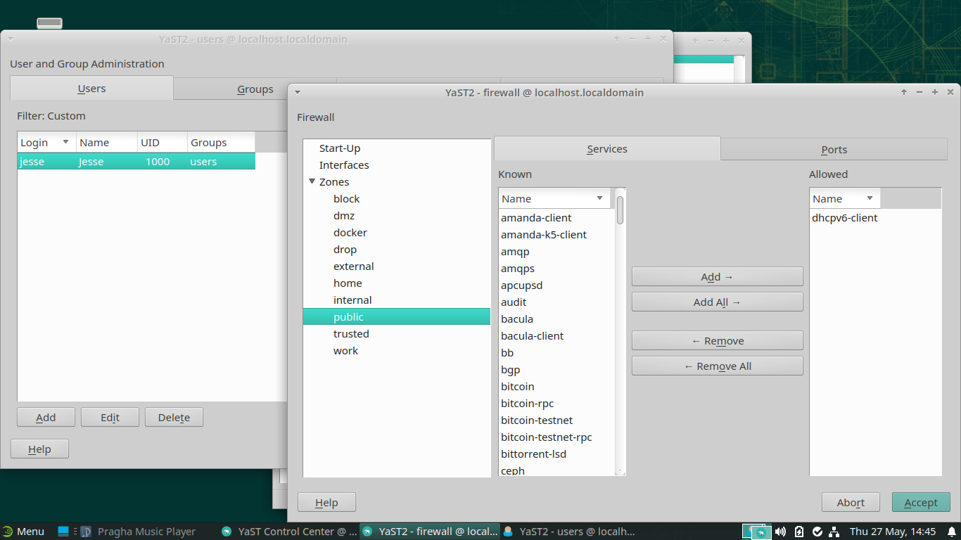 openSUSE desktop screenshot: 15.3 firewall