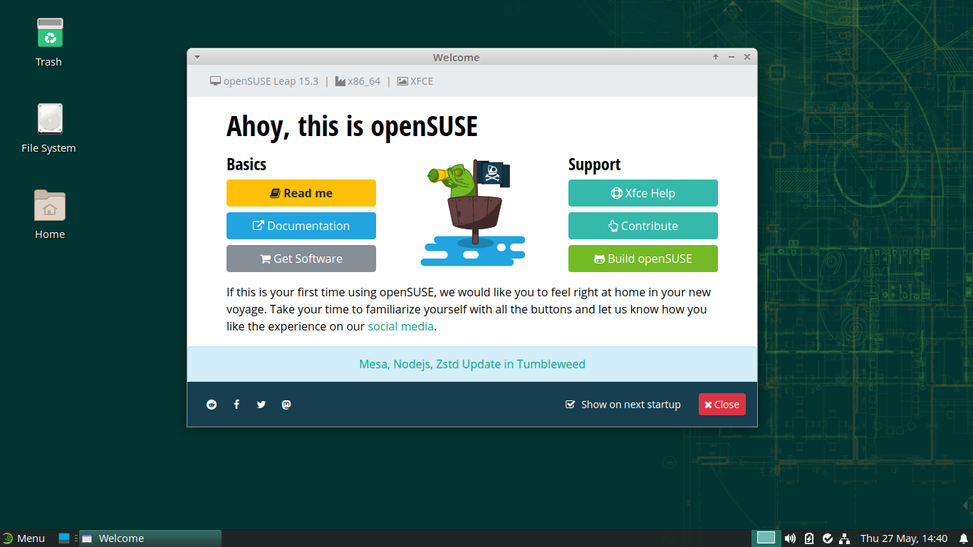 openSUSE desktop screenshot: 15.3 welcome