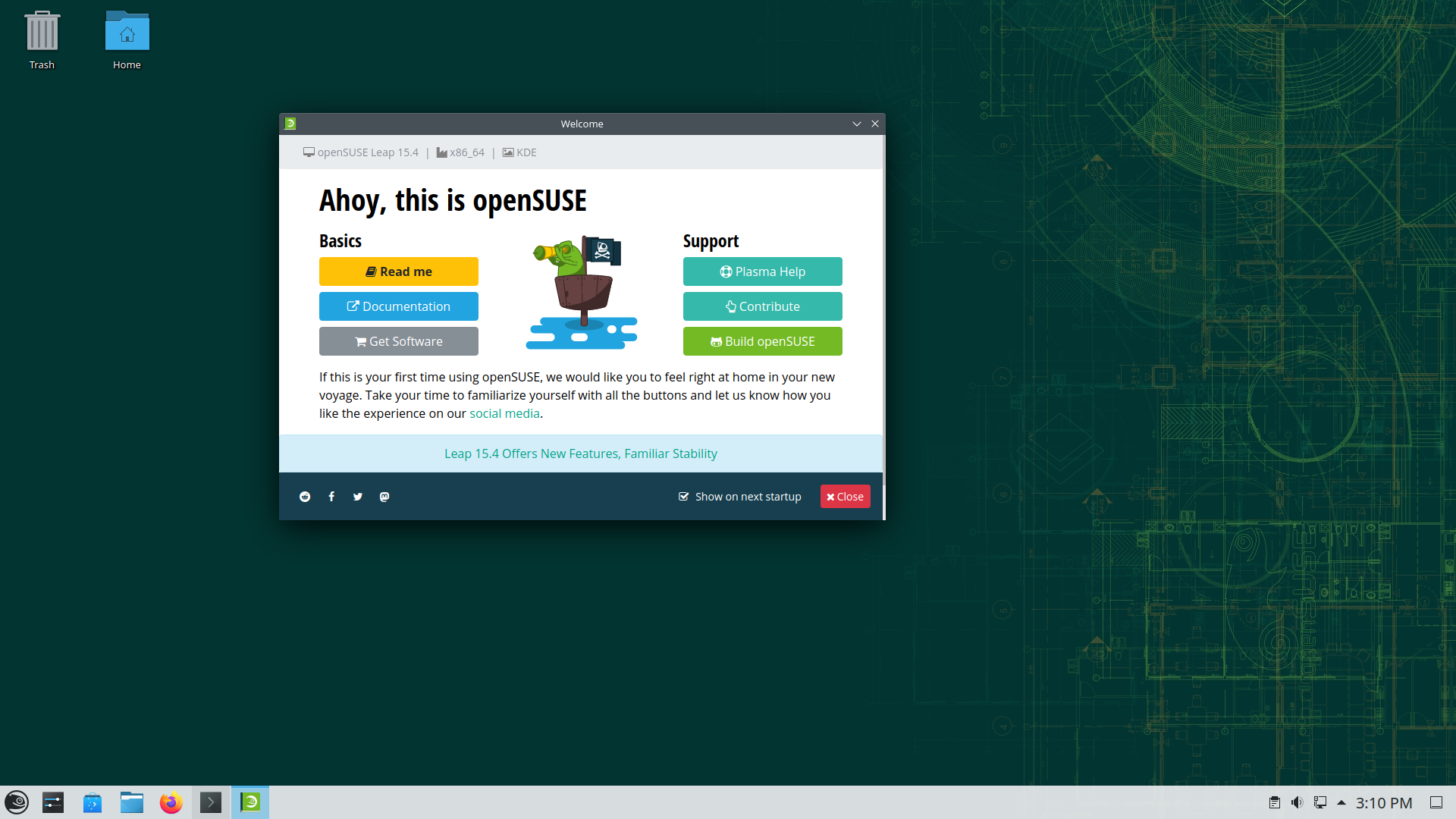 openSUSE desktop screenshot: 15.4 welcome