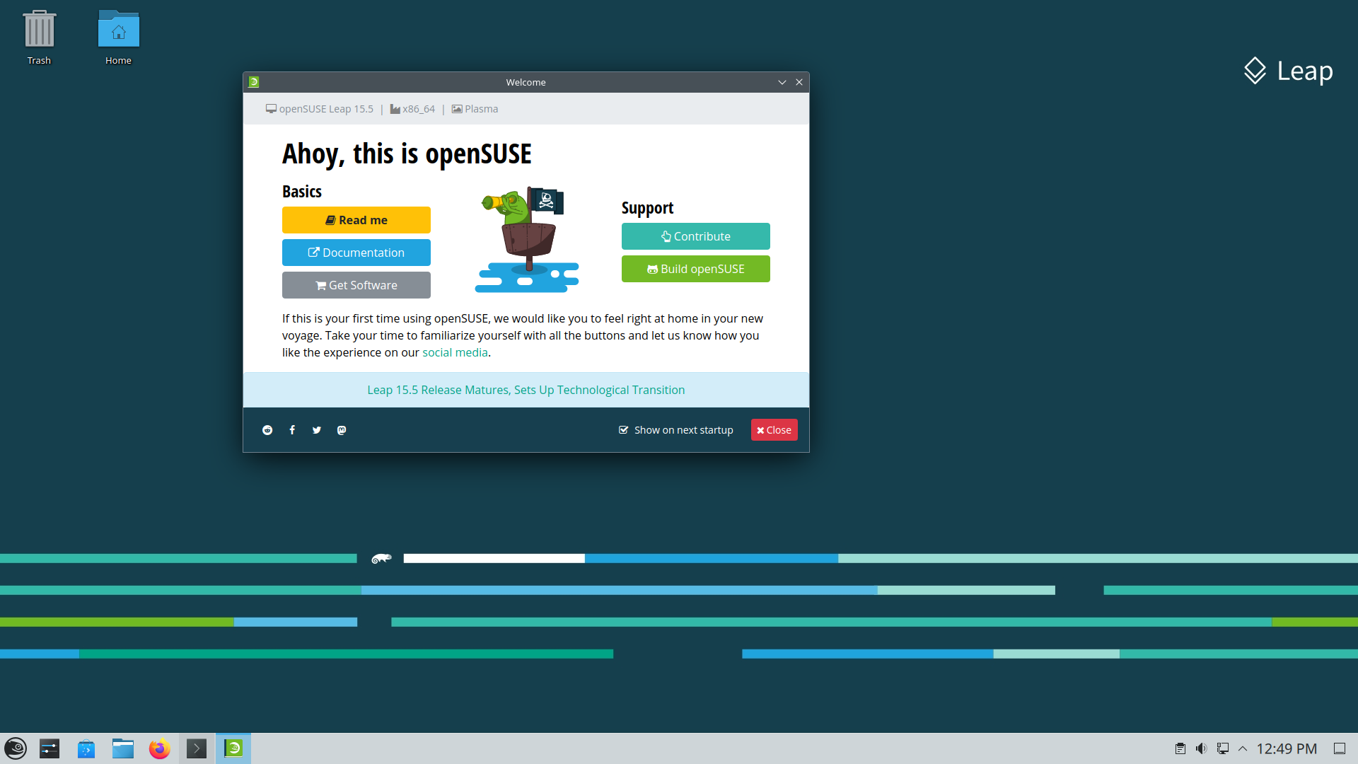 openSUSE desktop screenshot: 15.5 welcome