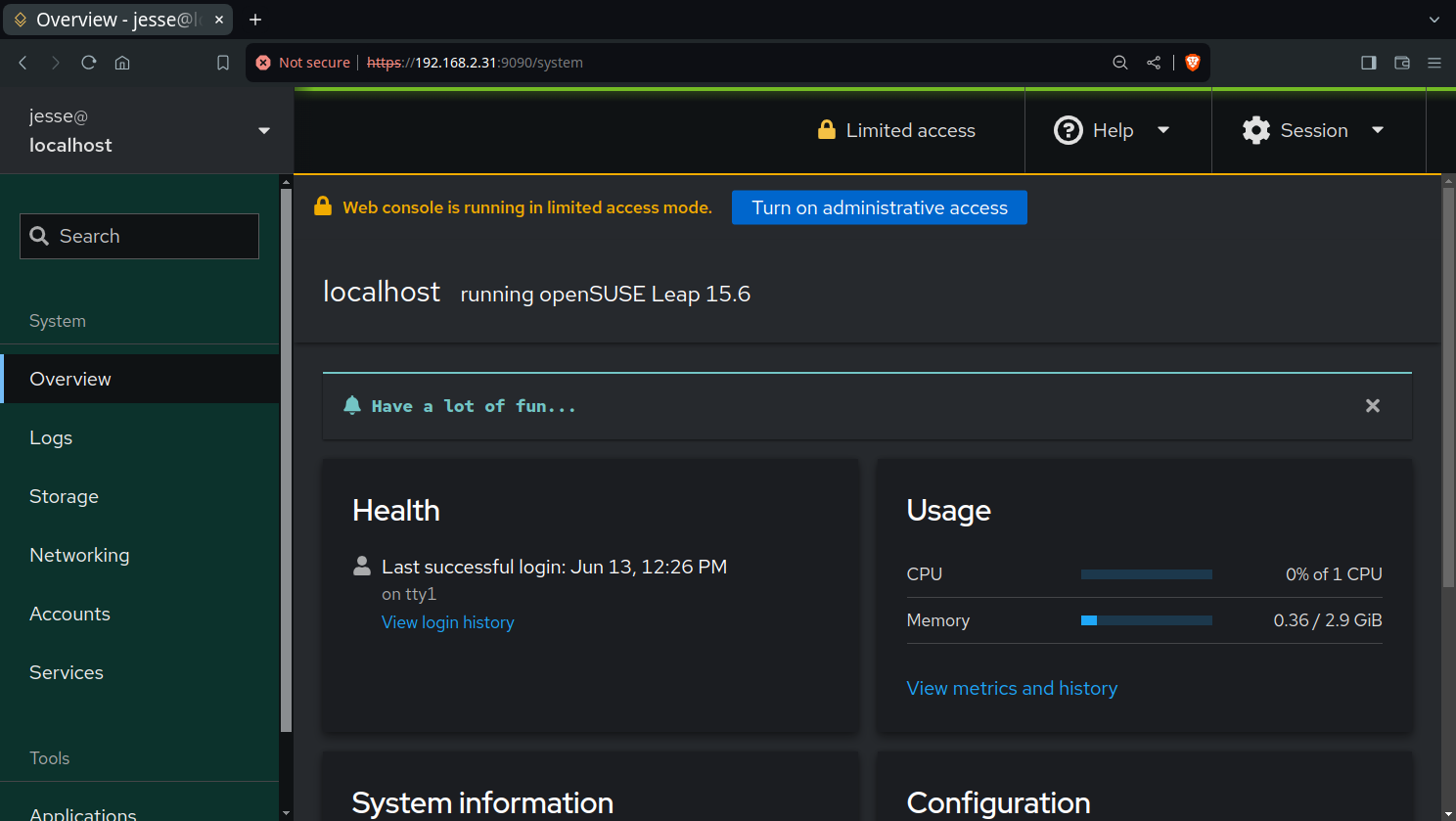 openSUSE desktop screenshot: 15.6 cockpit
