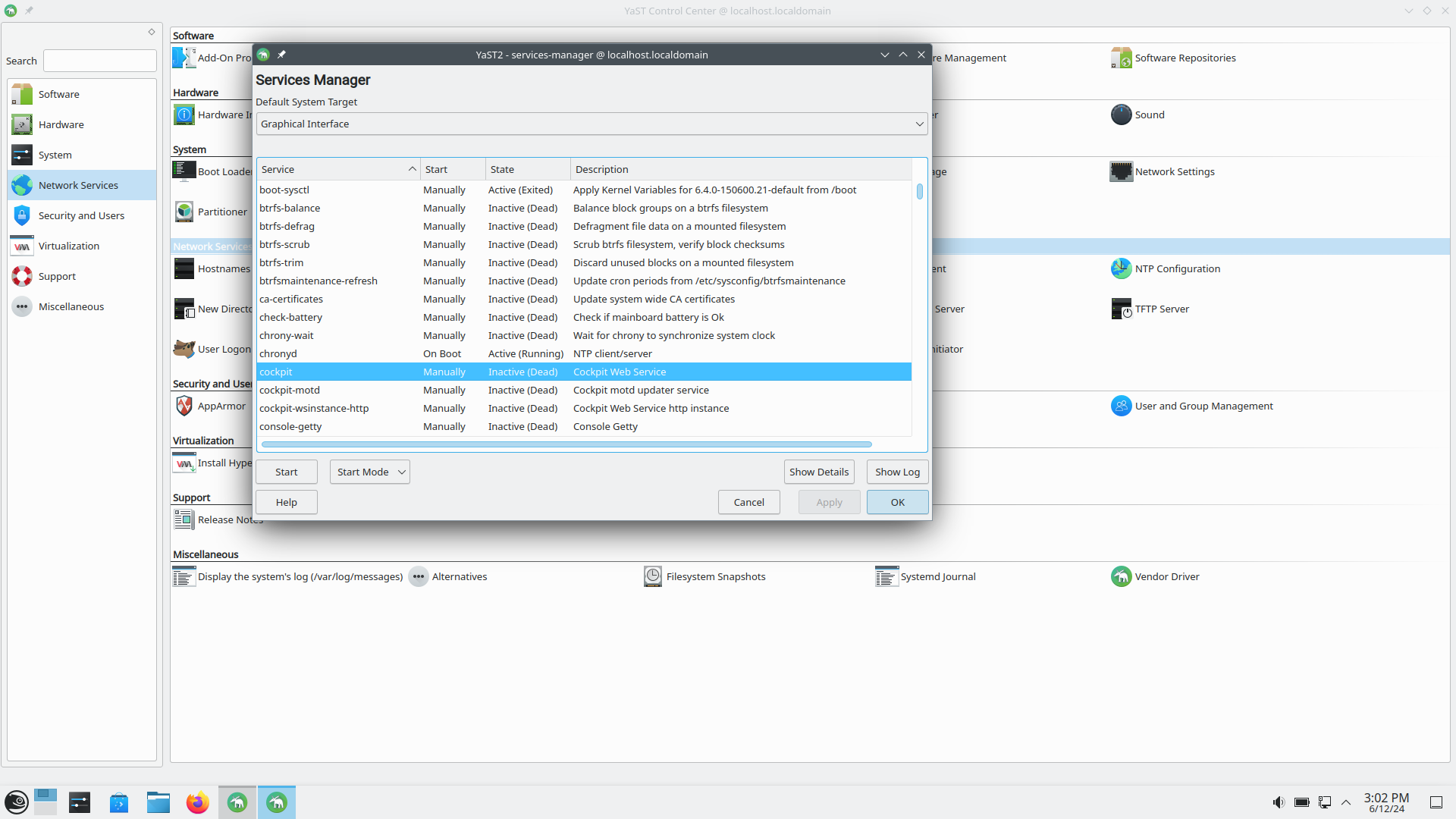 openSUSE desktop screenshot: 15.6 services
