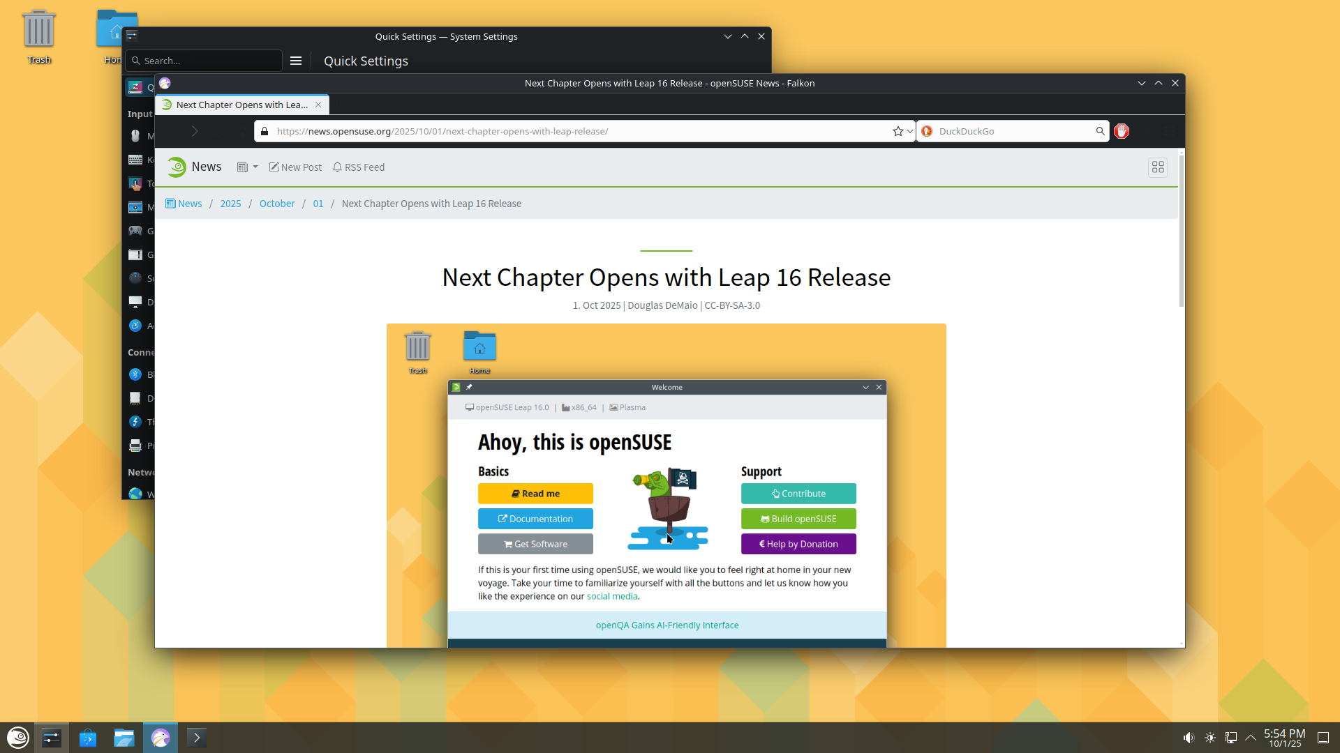 openSUSE desktop screenshot: 16.0 falkon