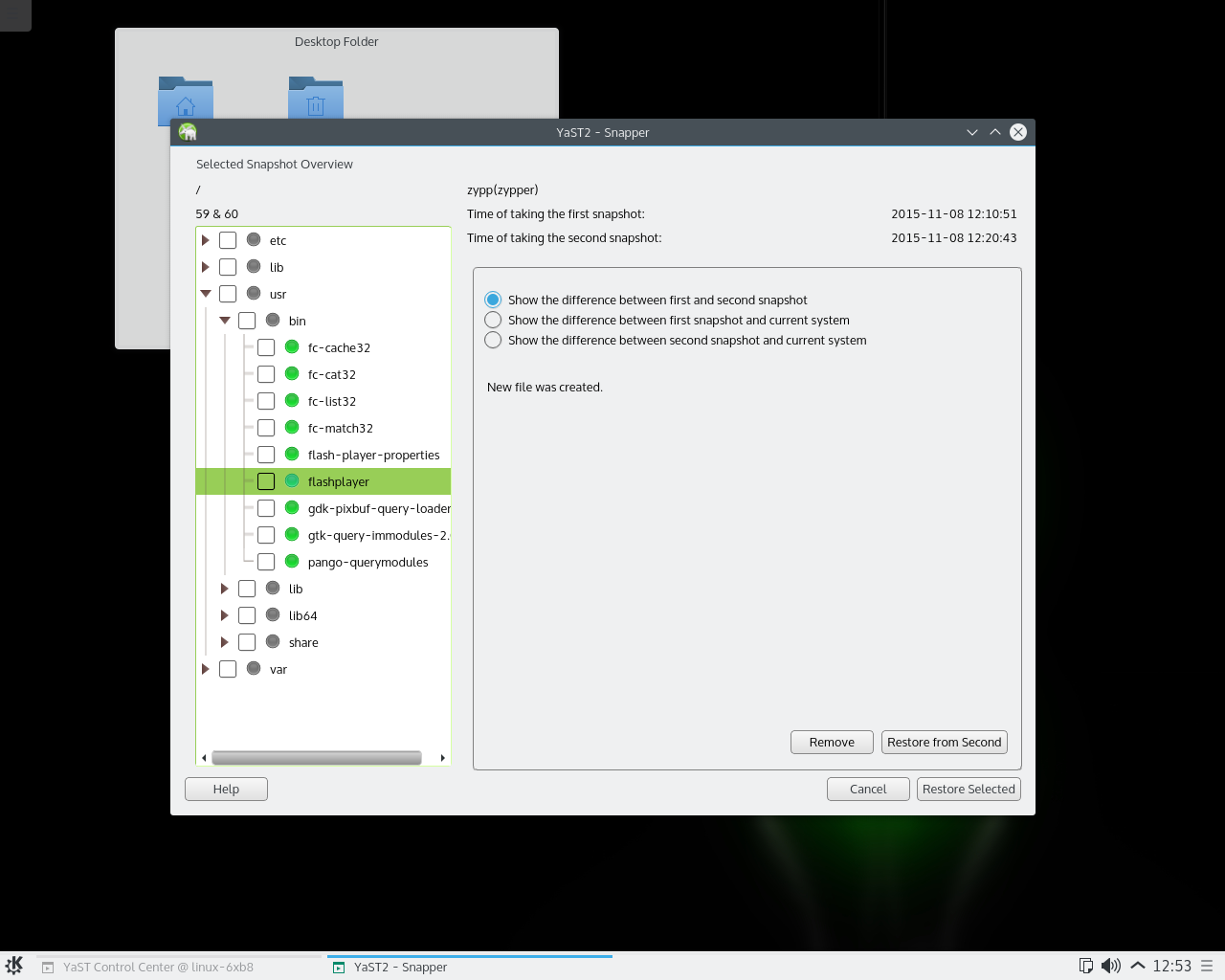 openSUSE desktop screenshot: 42.1 snapper