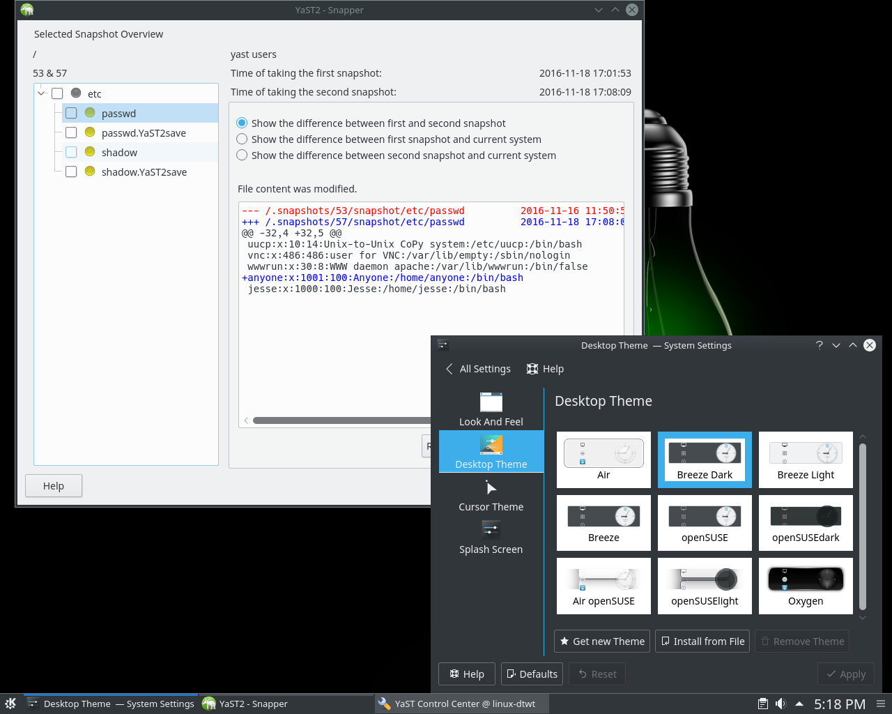 openSUSE desktop screenshot: 42.2 snapper