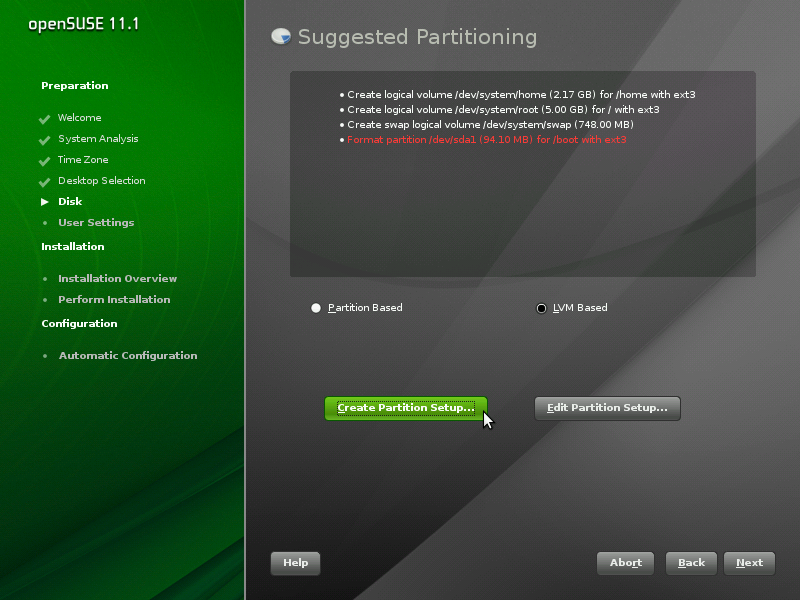 openSUSE desktop screenshot: lvm install 01