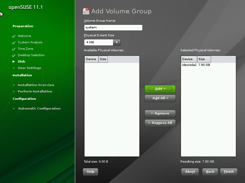 openSUSE desktop screenshot: lvm install 03