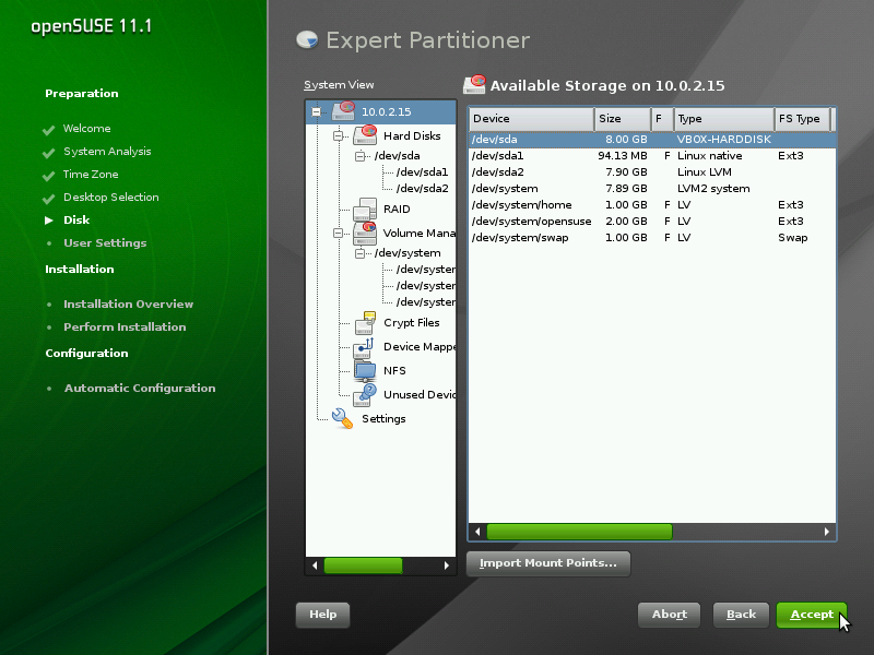 openSUSE desktop screenshot: lvm install 04