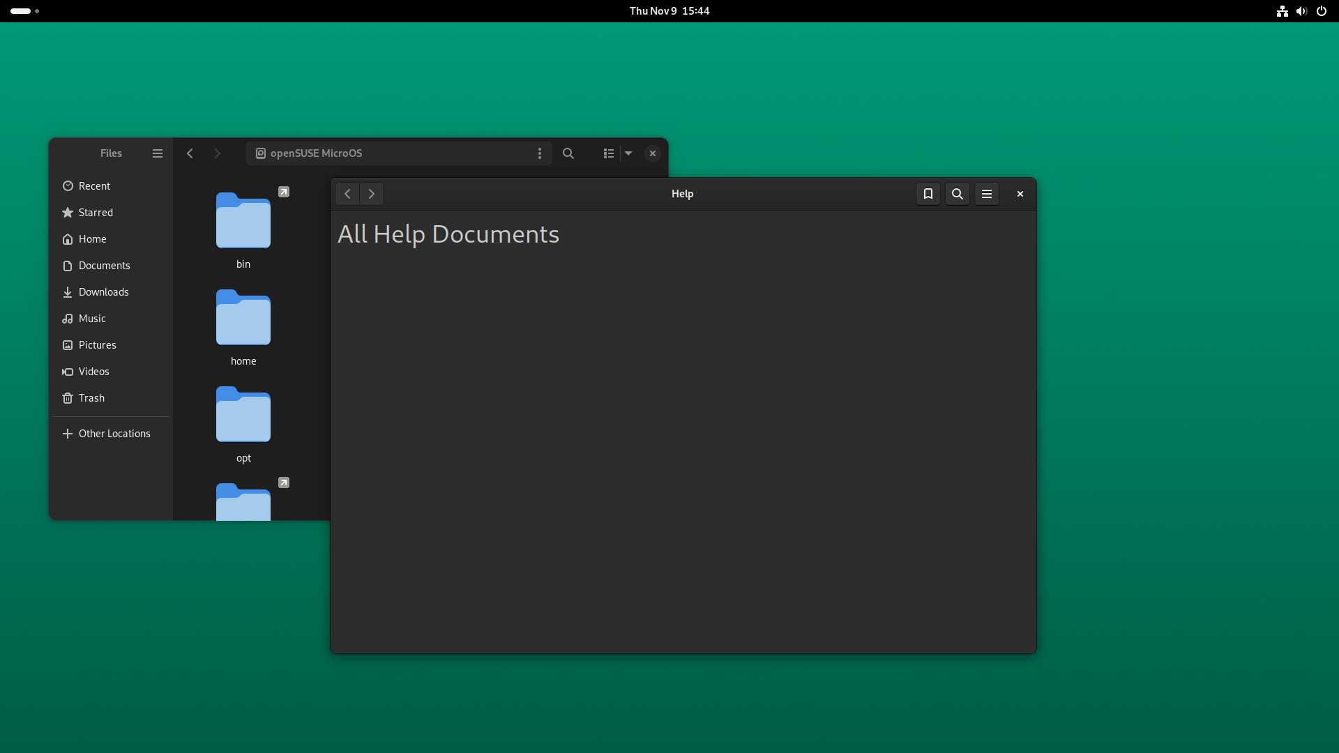 openSUSE desktop screenshot: microos 2023 help