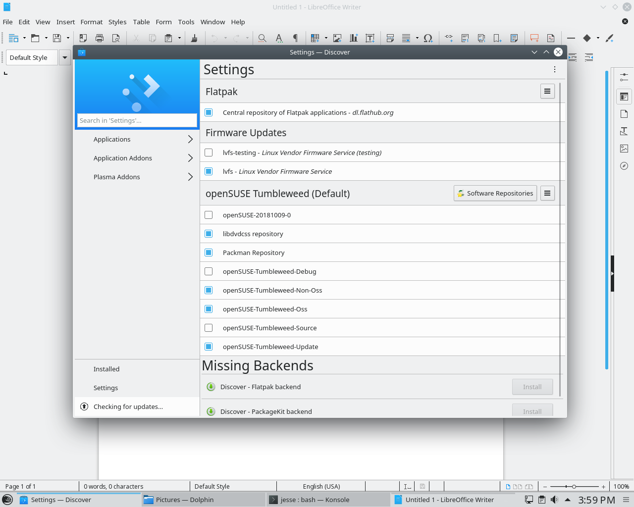 openSUSE desktop screenshot: tumbleweed 2018 discover fixed