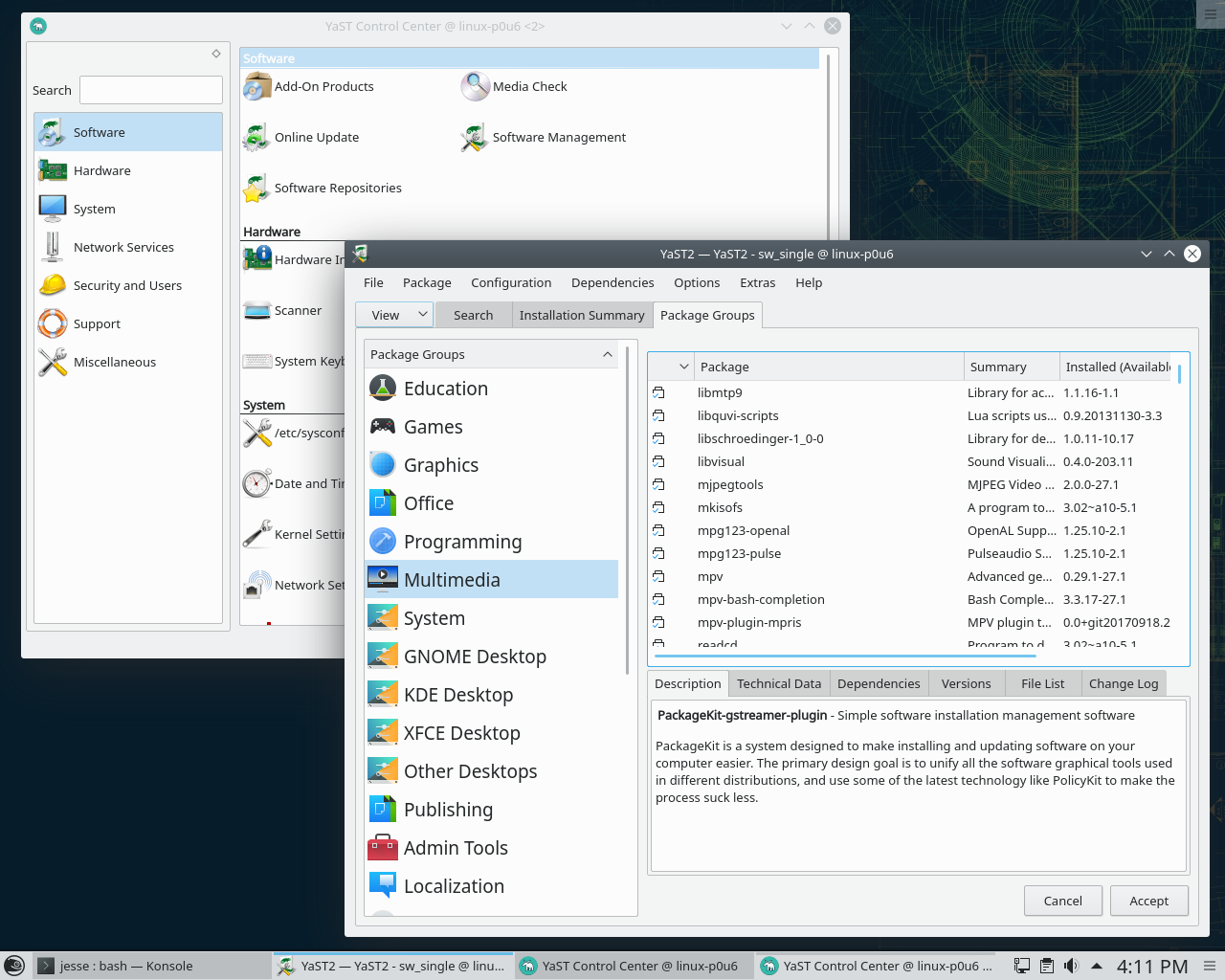 openSUSE desktop screenshot: tumbleweed 2018 packages