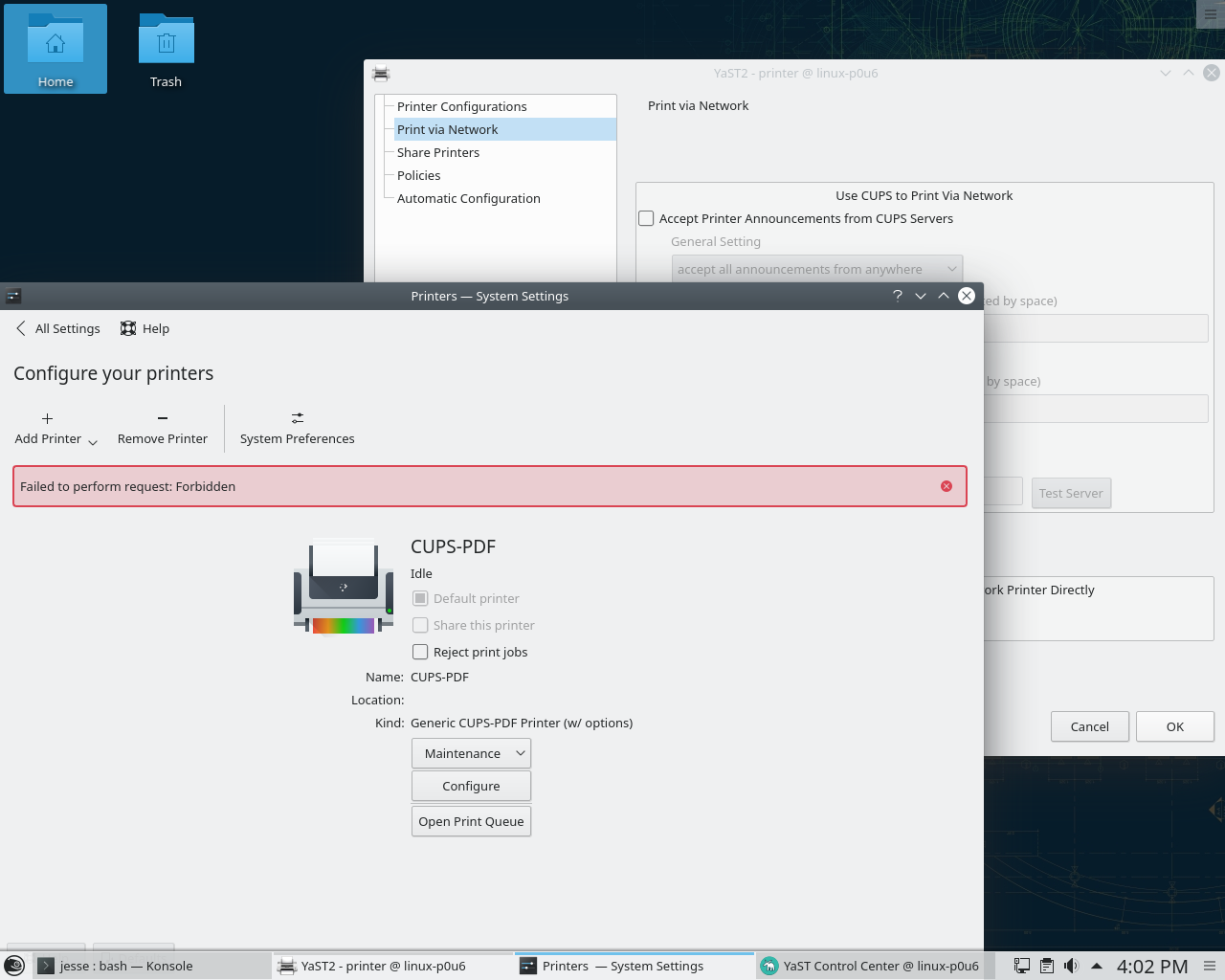 openSUSE desktop screenshot: tumbleweed 2018 printers