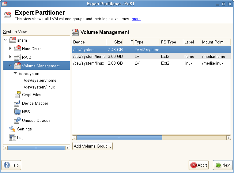 openSUSE desktop screenshot: yast partitioner lvm