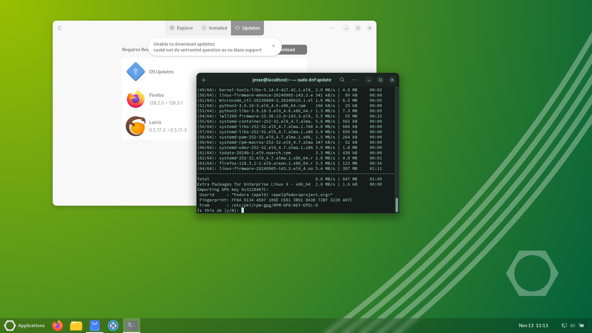 Oreon desktop screenshot: 9.3 update error