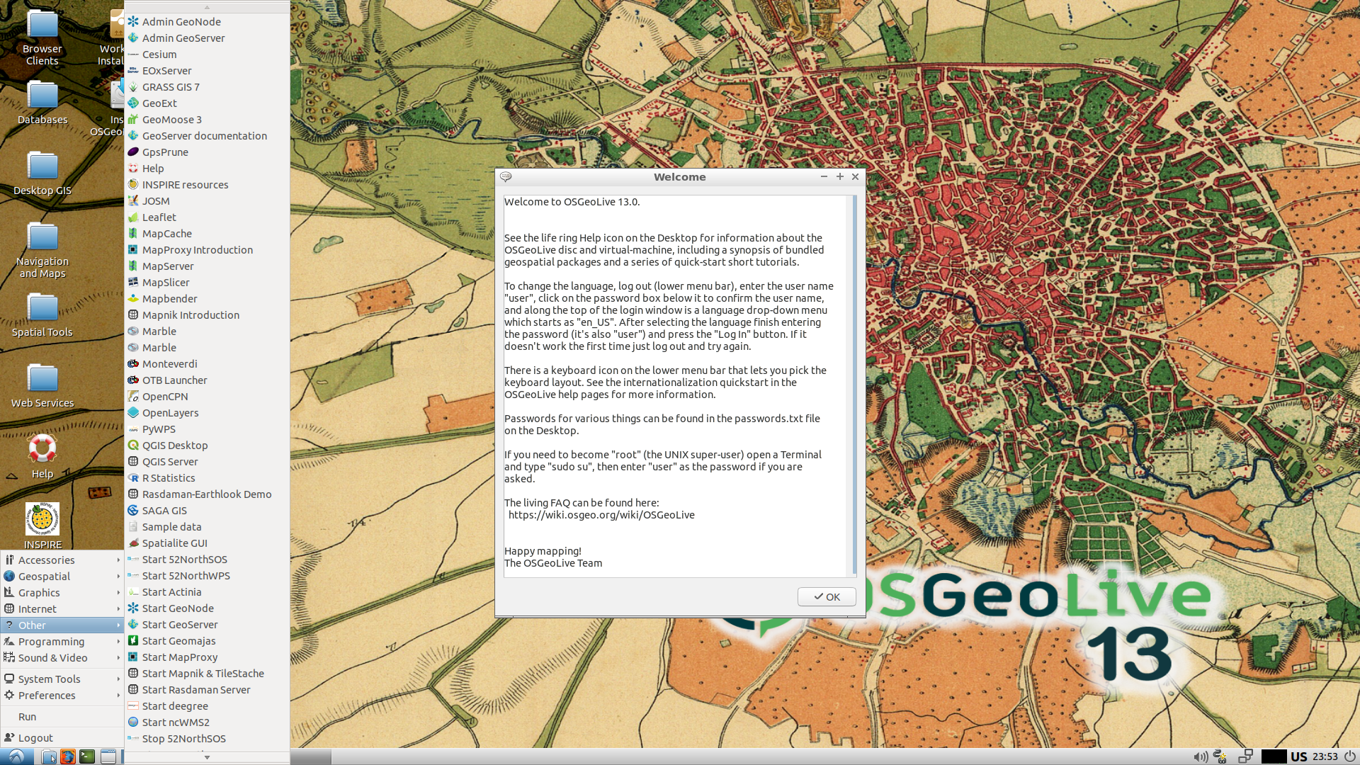 OSGeoLive desktop screenshot: 13.0
