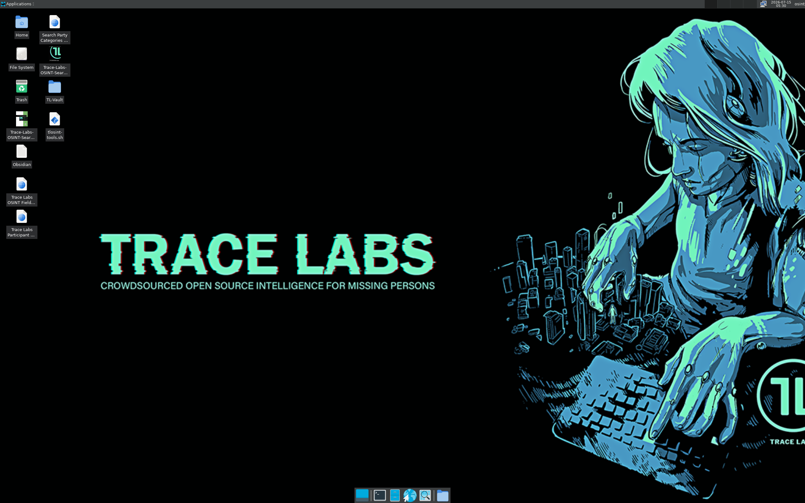 OSINT VM desktop screenshot: 2026.5 xfce