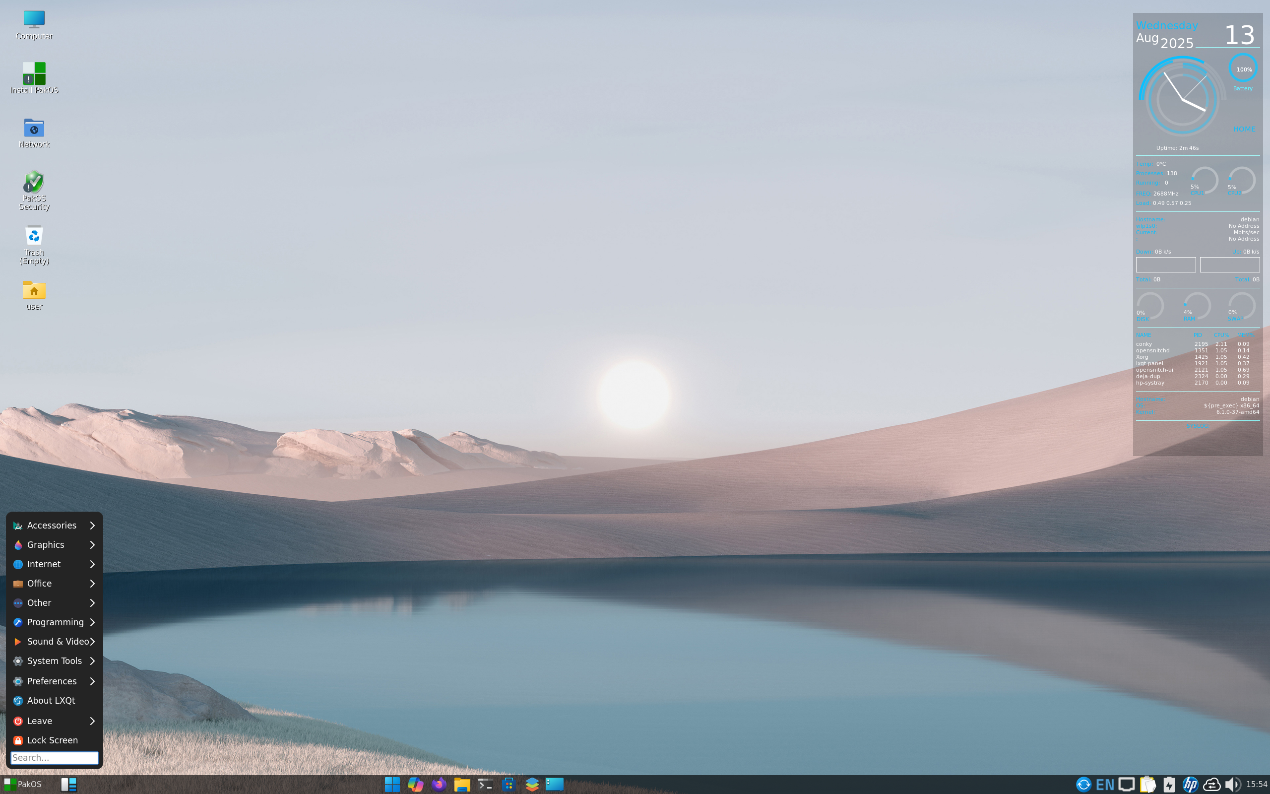 PakOS desktop screenshot: 2025 08 13