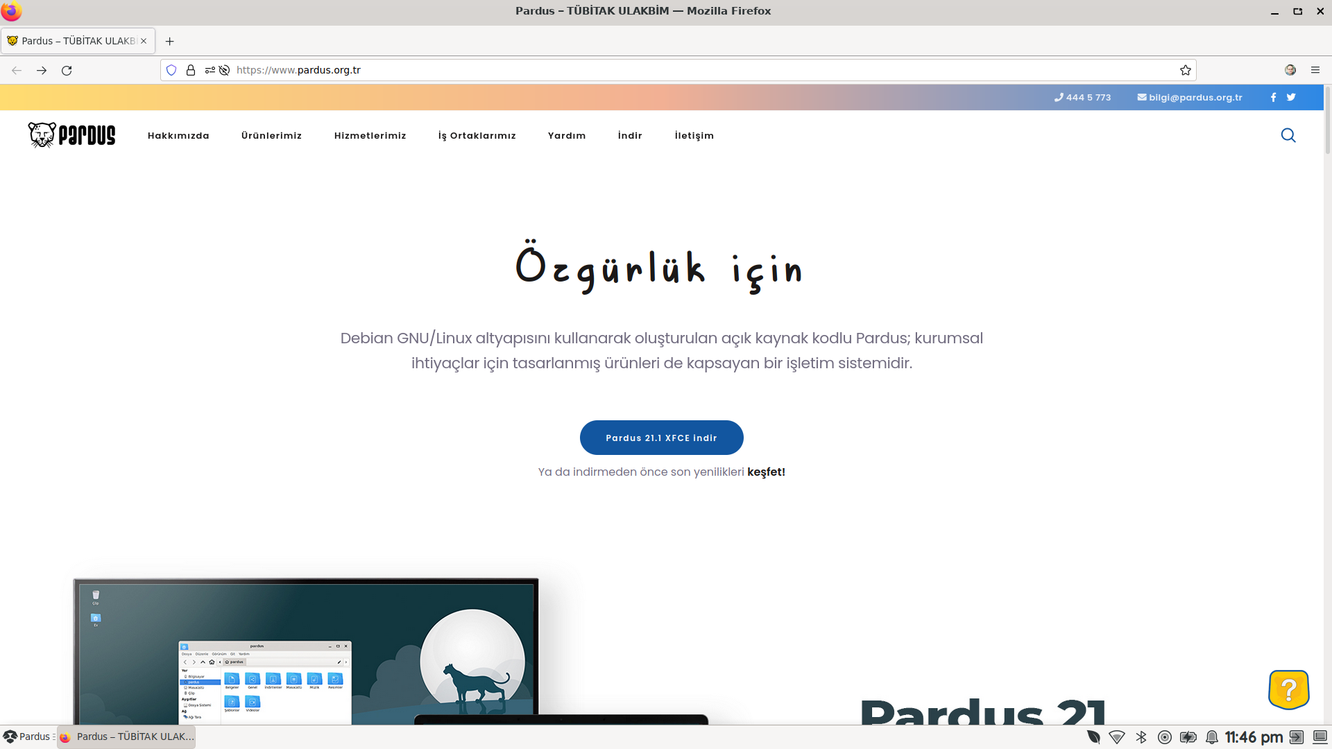 Pardus desktop screenshot: 21.1 pardus website