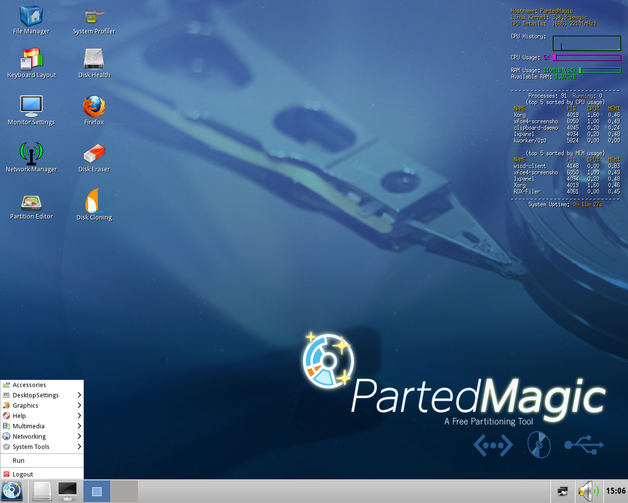 Parted Magic desktop screenshot: 2012 06 26