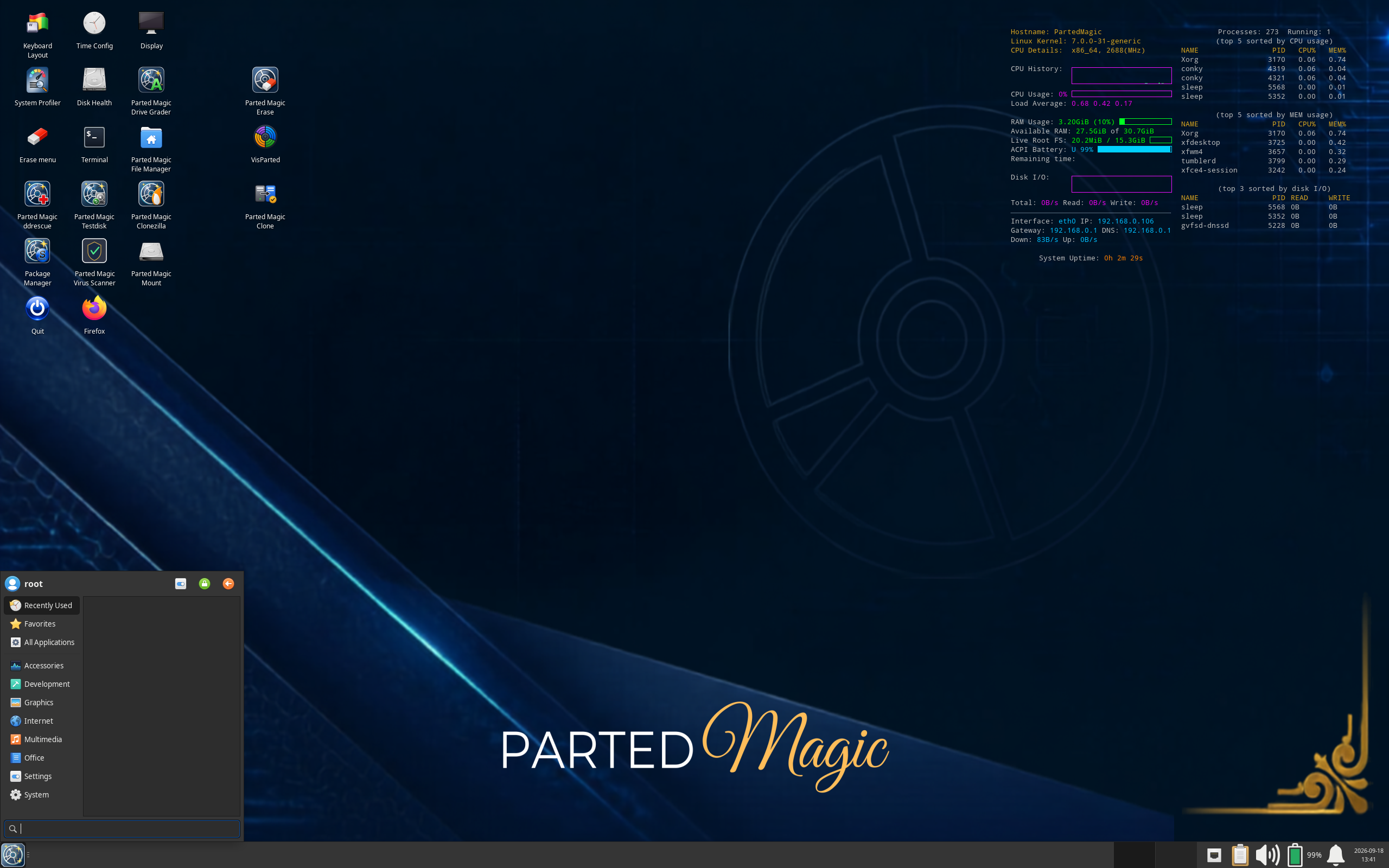 Parted Magic desktop screenshot: 26.09 xfce