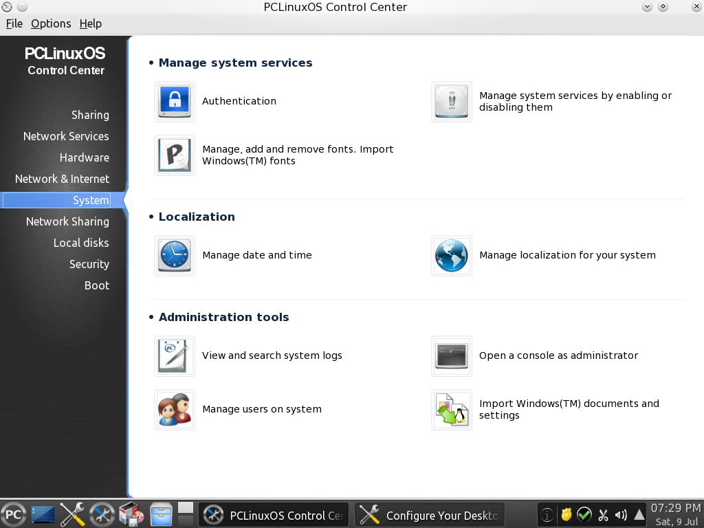 PCLinuxOS desktop screenshot: 2011.6 configure
